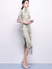 Green Embroidered Long Qipao / Cheongsam Party Dress