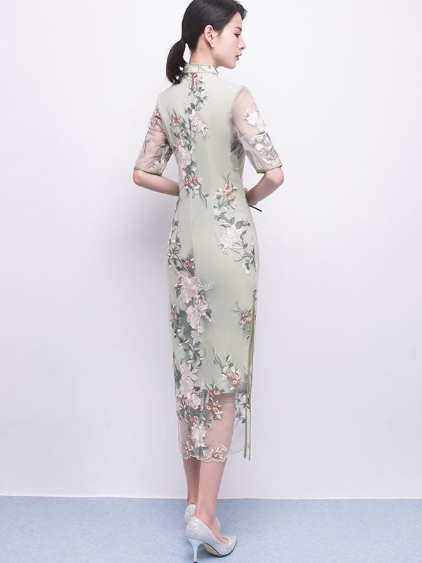 Green Embroidered Long Qipao / Cheongsam Party Dress