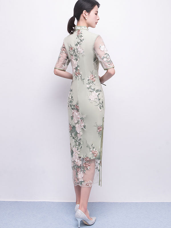 Green Embroidered Long Qipao / Cheongsam Party Dress