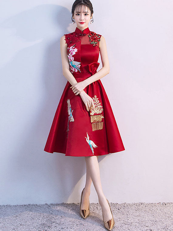 Red Embroidered Phoenix A-Line Qipao / Cheongsam Wedding Dress