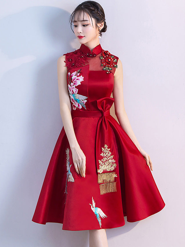 Red Embroidered Phoenix A-Line Qipao / Cheongsam Wedding Dress