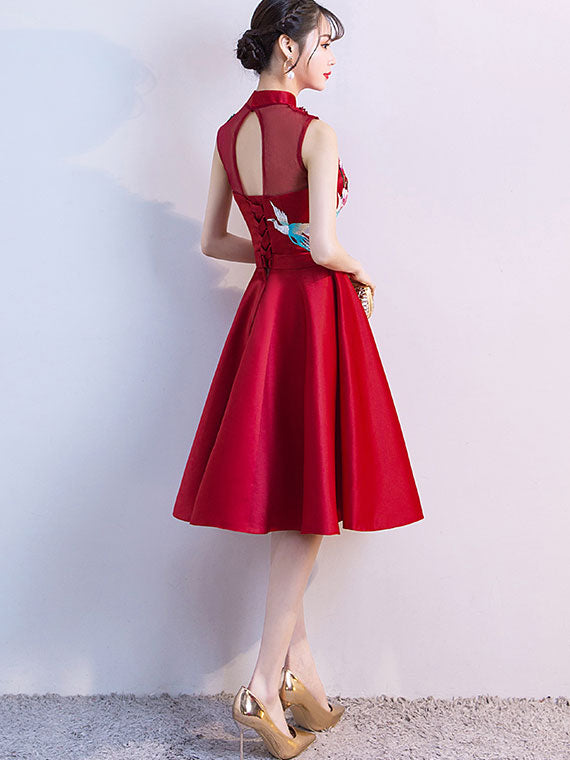 Red Embroidered Phoenix A-Line Qipao / Cheongsam Wedding Dress