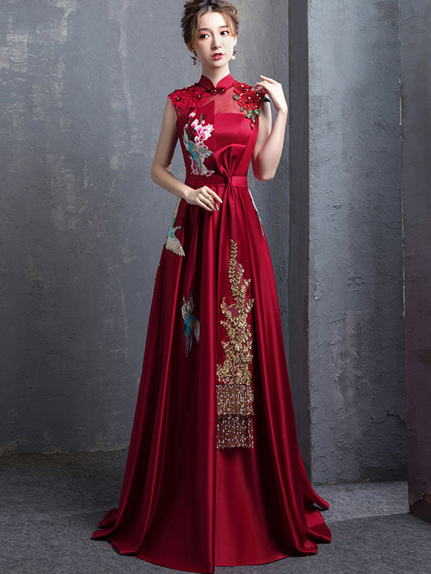 Wine Red A-Line Phoenix Maxi Qipao / Cheongsam Evening Dress