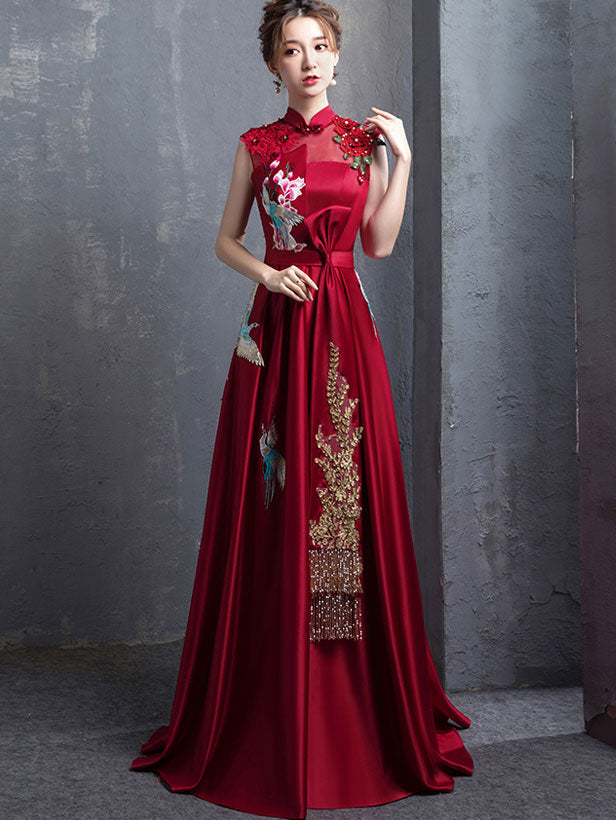 Wine Red A-Line Phoenix Maxi Qipao / Cheongsam Evening Dress – imallure
