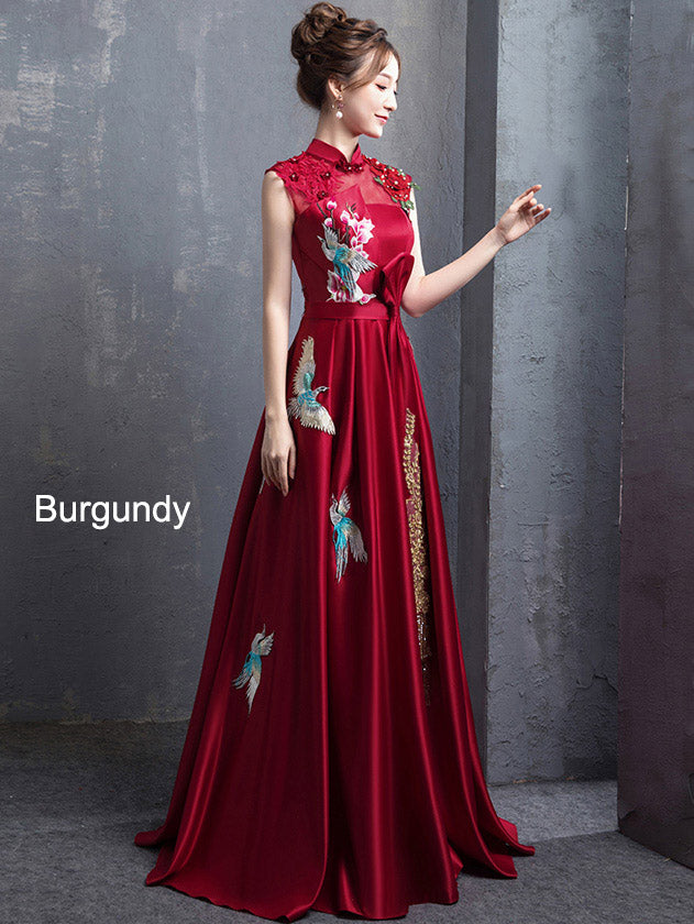 Wine Red A-Line Phoenix Maxi Qipao / Cheongsam Evening Dress