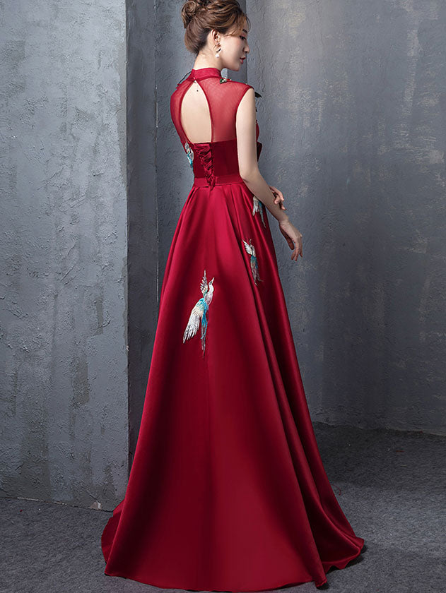 Wine Red A-Line Phoenix Maxi Qipao / Cheongsam Evening Dress