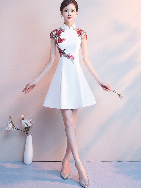 White Black A-Line Embroidered Qipao / Cheongsam Party Dress