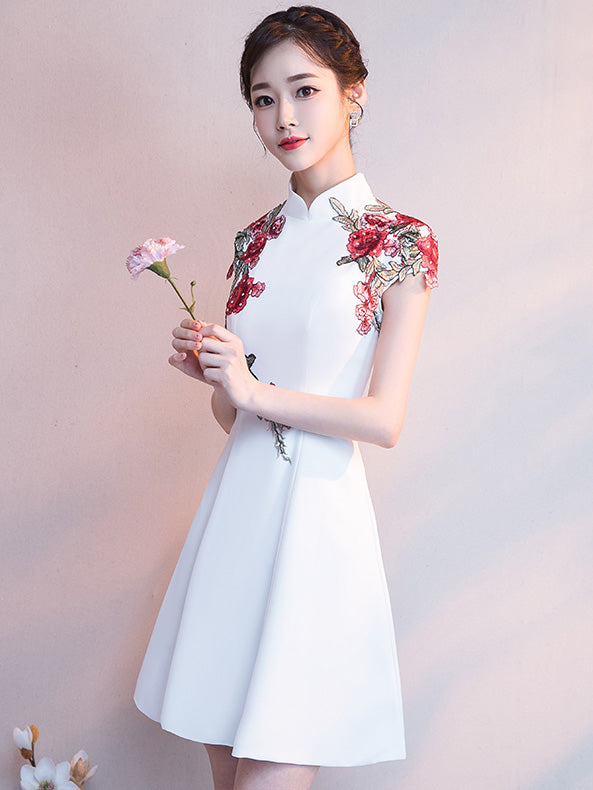 White Black A-Line Embroidered Qipao / Cheongsam Party Dress