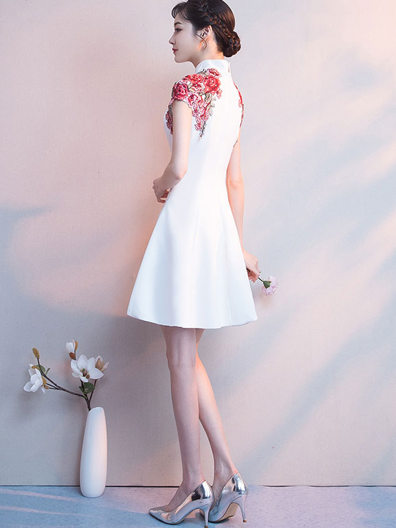 White Black A-Line Embroidered Qipao / Cheongsam Party Dress