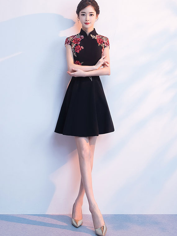 White Black A-Line Embroidered Qipao / Cheongsam Party Dress