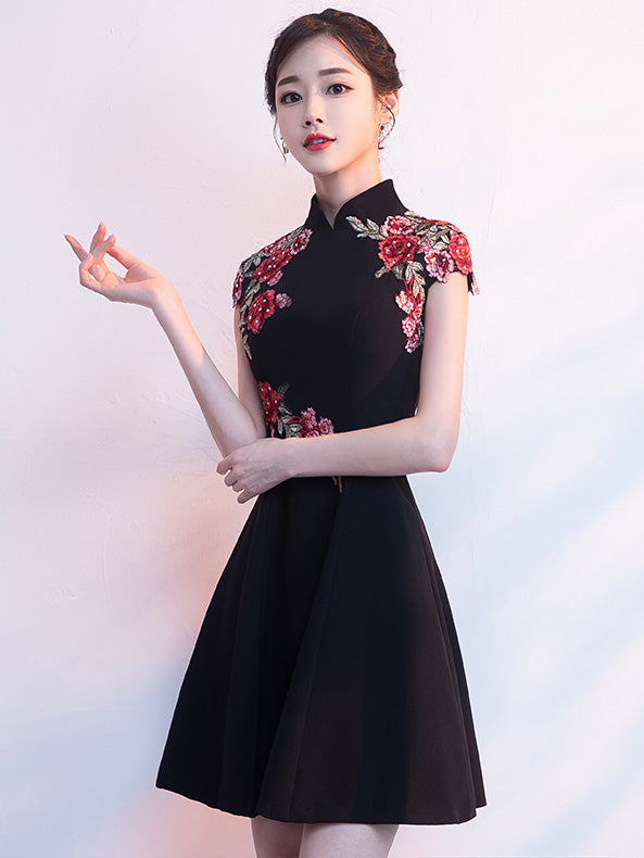 White Black A-Line Embroidered Qipao / Cheongsam Party Dress