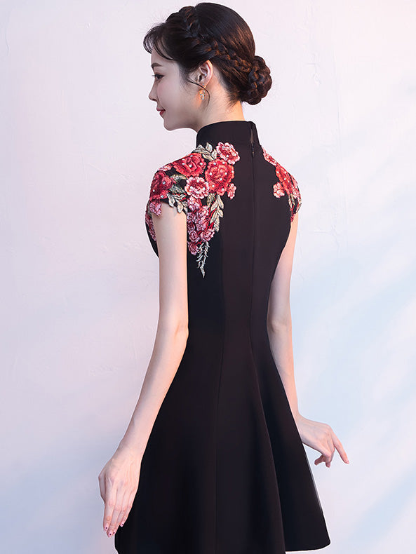 White Black A-Line Embroidered Qipao / Cheongsam Party Dress