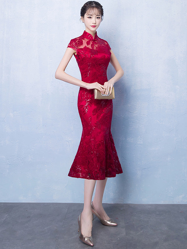 Sequins Lace Fishtail Qipao / Cheongsam Wedding Dress