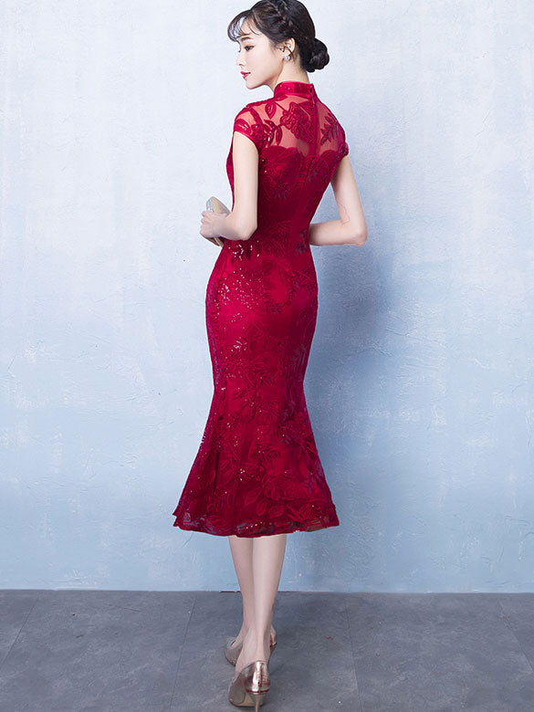 Sequins Lace Fishtail Qipao / Cheongsam Wedding Dress
