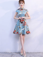 Blue Printed A-Line Qipao / Cheongsam Party Dress