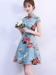 Blue Printed A-Line Qipao / Cheongsam Party Dress