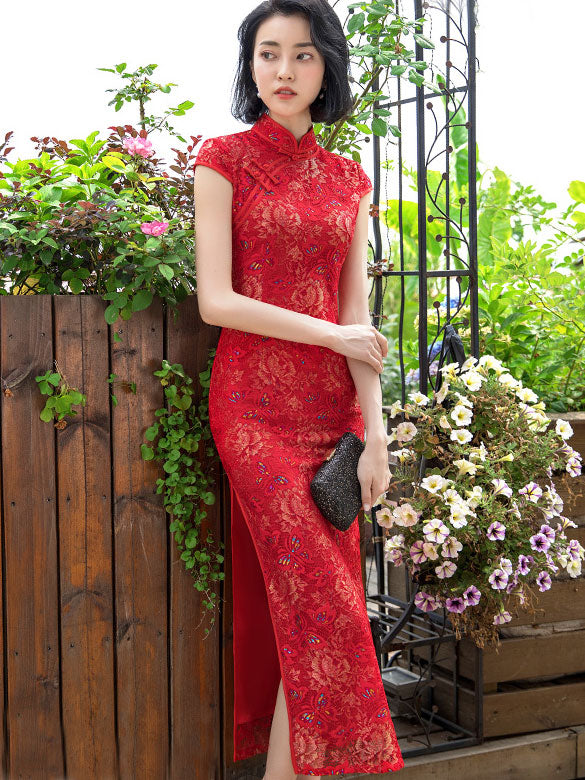 Red Lace Long Qipao / Cheongsam Party Dress with Sequined Butterfly