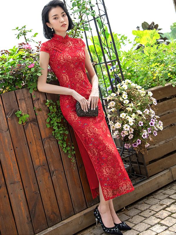 Red Lace Long Qipao / Cheongsam Party Dress with Sequined Butterfly