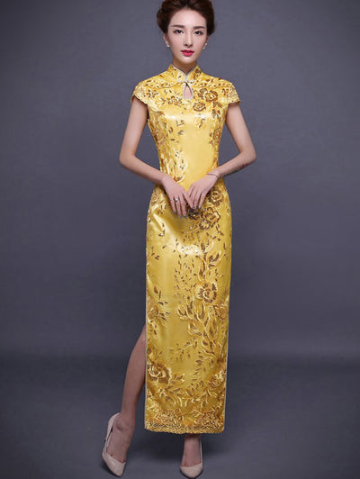 Golden Sequins Ankle-Length Qipao / Cheongsam Evening Dress