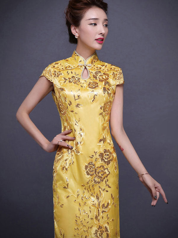 Golden Sequins Ankle-Length Qipao / Cheongsam Evening Dress
