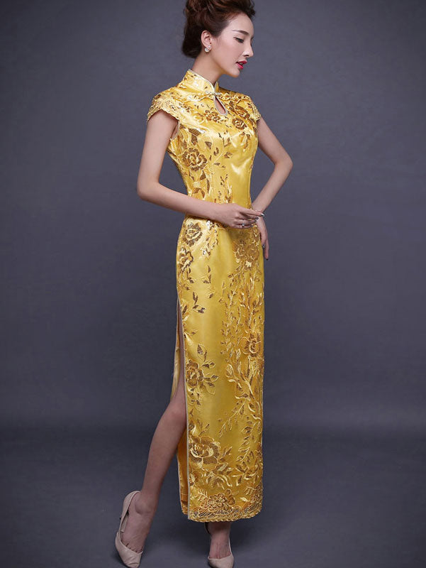 Golden Sequins Ankle-Length Qipao / Cheongsam Evening Dress