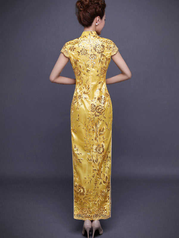 Golden Sequins Ankle-Length Qipao / Cheongsam Evening Dress