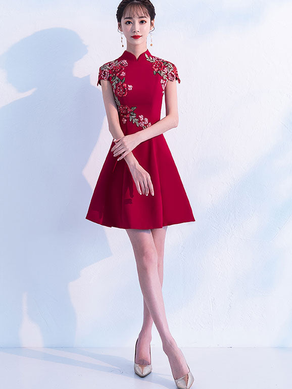 Wine Red A-Line Beaded Embroidered Qipao / Cheongsam Party Dress
