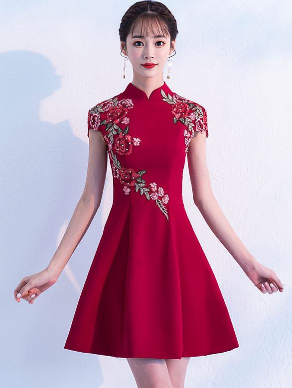 Wine Red A-Line Beaded Embroidered Qipao / Cheongsam Party Dress