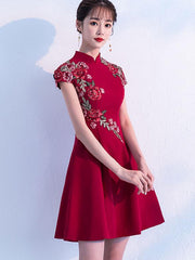 Wine Red A-Line Beaded Embroidered Qipao / Cheongsam Party Dress