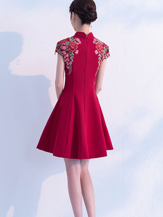 Wine Red A-Line Beaded Embroidered Qipao / Cheongsam Party Dress