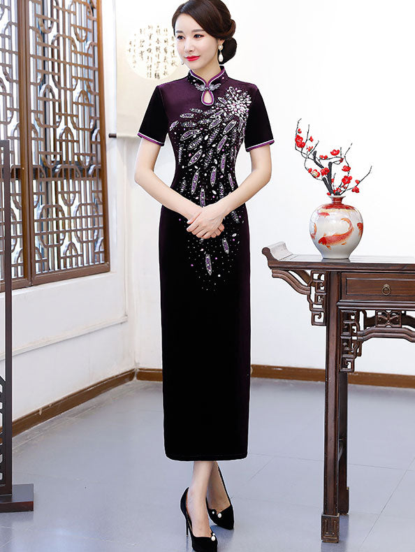 Beads Velvet Mother's Modern Qipao / Cheongsam Party Dress