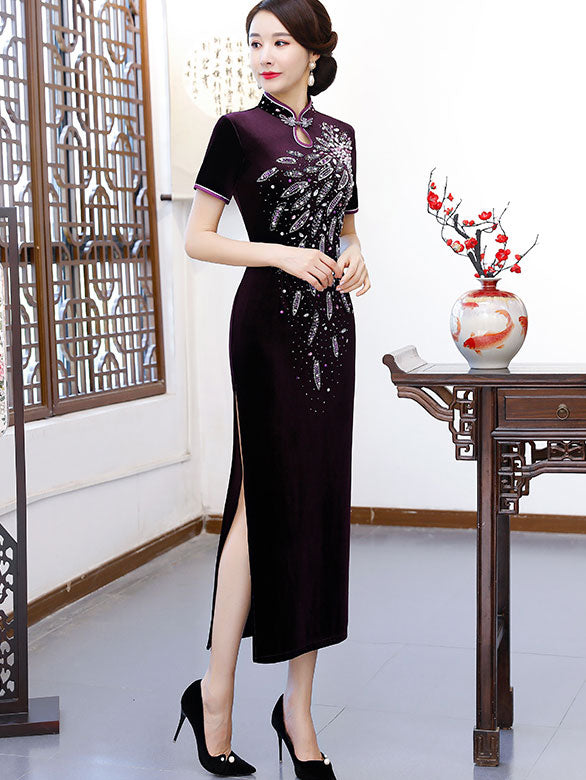 Beads Velvet Mother's Modern Qipao / Cheongsam Party Dress