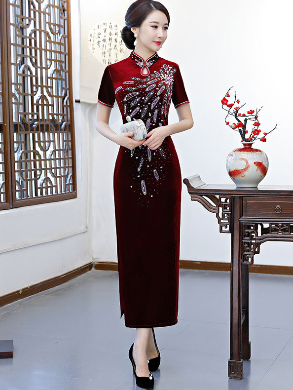 Beads Velvet Mother's Modern Qipao / Cheongsam Party Dress