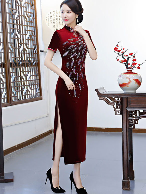 Beads Velvet Mother's Modern Qipao / Cheongsam Party Dress