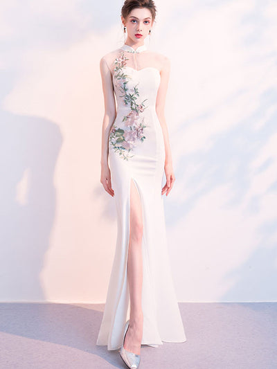 White Embroidered Thigh Split Qipao / Cheongsam Evening Dress