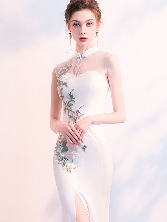 White Embroidered Thigh Split Qipao / Cheongsam Evening Dress