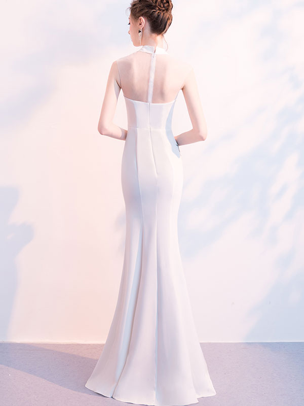 White Embroidered Thigh Split Qipao / Cheongsam Evening Dress