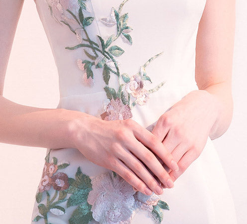 White Embroidered Thigh Split Qipao / Cheongsam Evening Dress