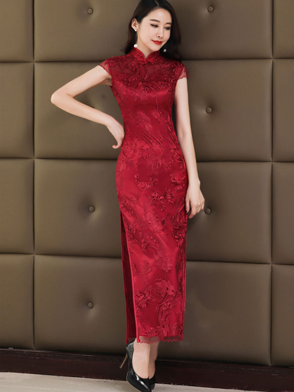 Wine Red Lace Long Qipao / Cheongsam Wedding Dress