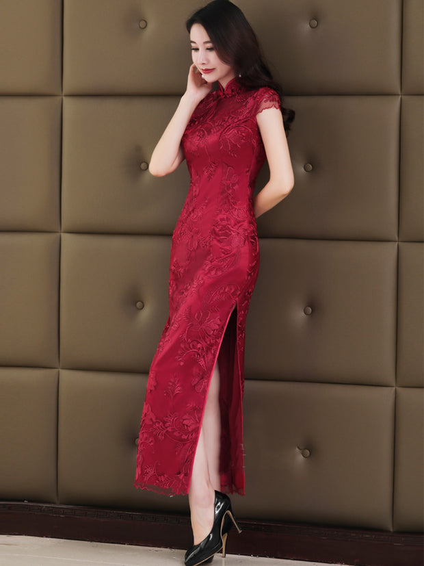 Wine Red Lace Long Qipao / Cheongsam Wedding Dress
