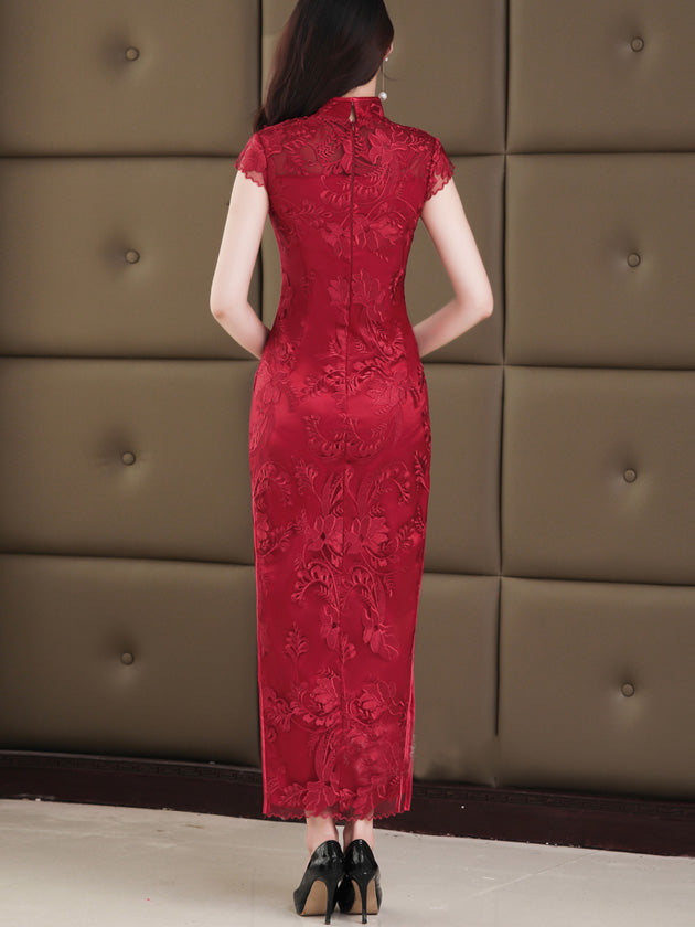 Wine Red Lace Long Qipao / Cheongsam Wedding Dress