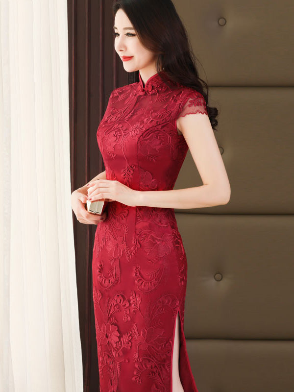 Wine Red Lace Long Qipao / Cheongsam Wedding Dress