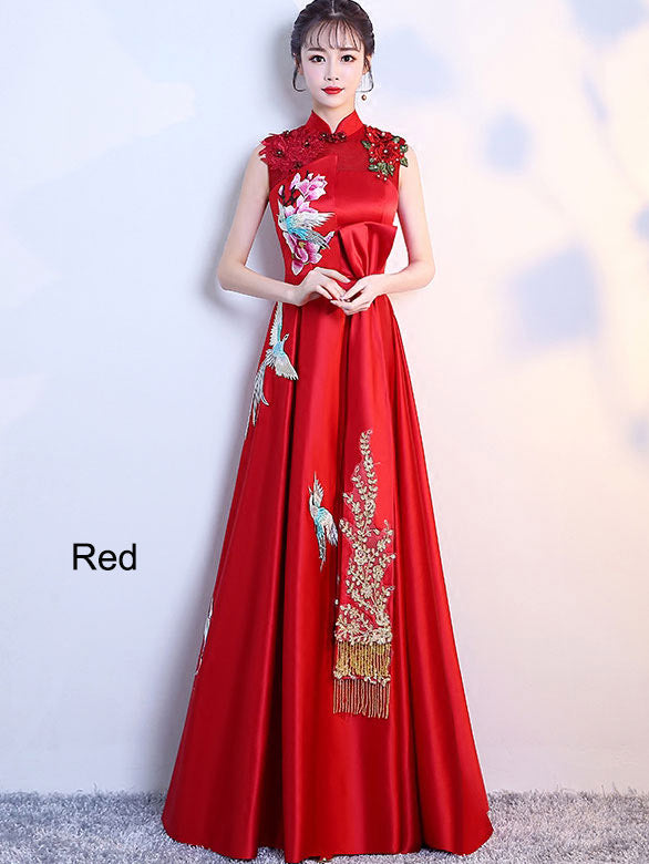 Wine Red A-Line Phoenix Maxi Qipao / Cheongsam Evening Dress
