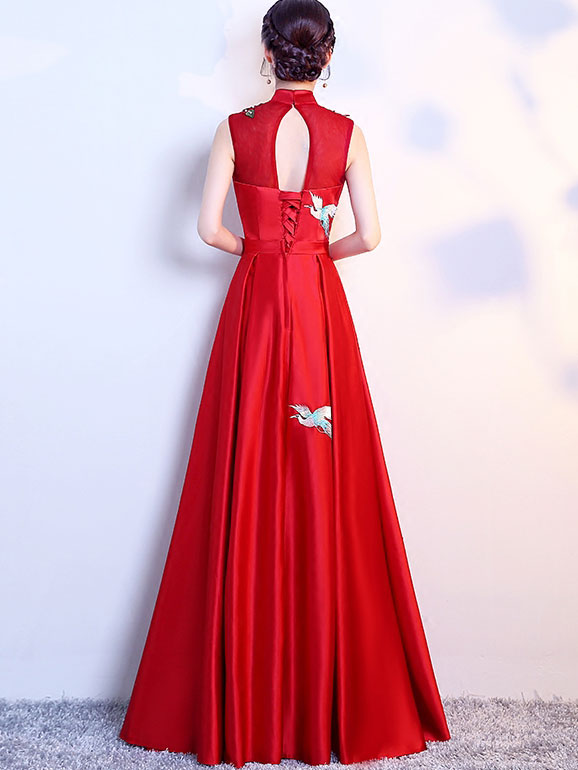 Wine Red A-Line Phoenix Maxi Qipao / Cheongsam Evening Dress