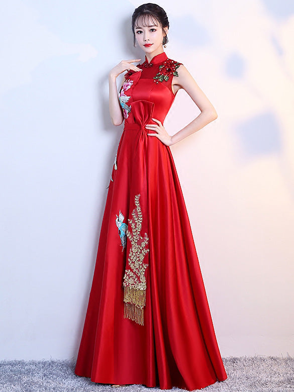 Wine Red A-Line Phoenix Maxi Qipao / Cheongsam Evening Dress