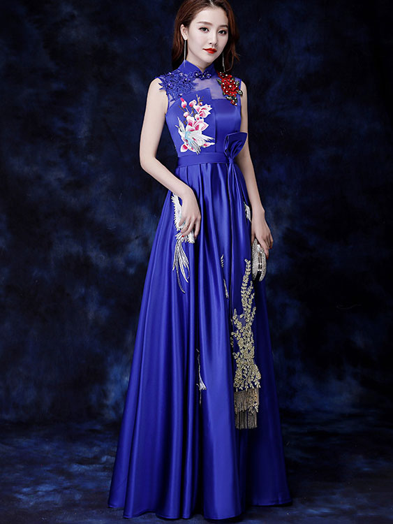 Wine Red A-Line Phoenix Maxi Qipao Cheongsam Evening Dress