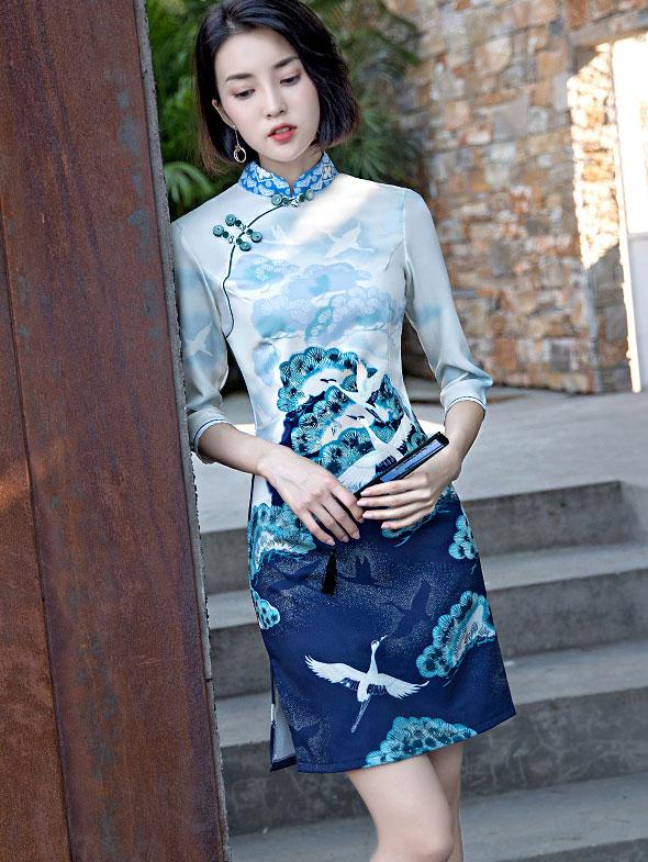 Blue Vintage Printed Short Qipao / Cheongsam Party Dress