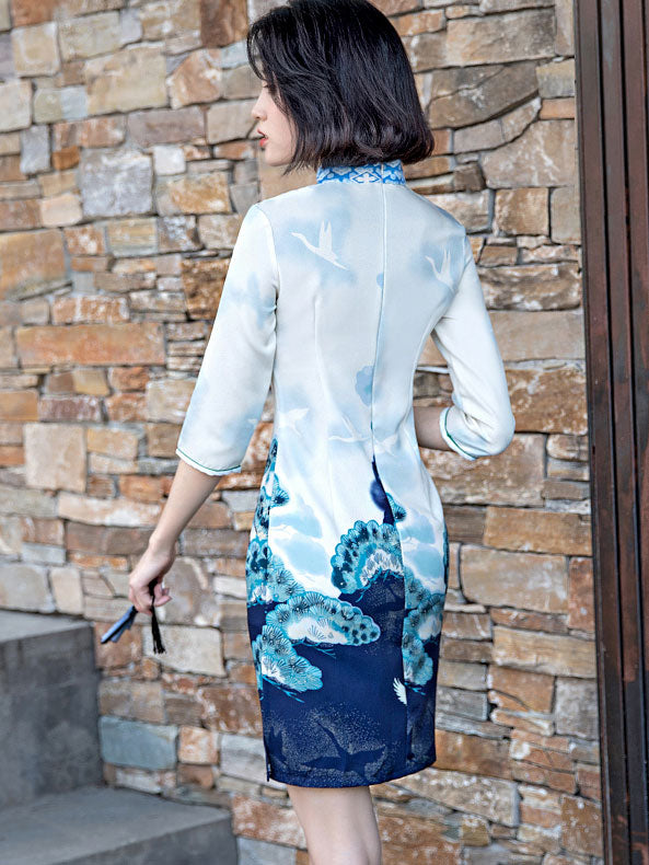 Blue Vintage Printed Short Qipao / Cheongsam Party Dress
