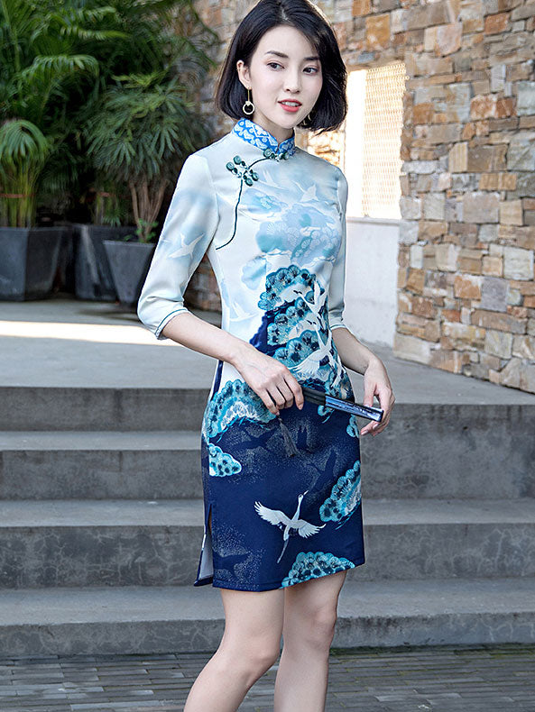 Blue Vintage Printed Short Qipao / Cheongsam Party Dress