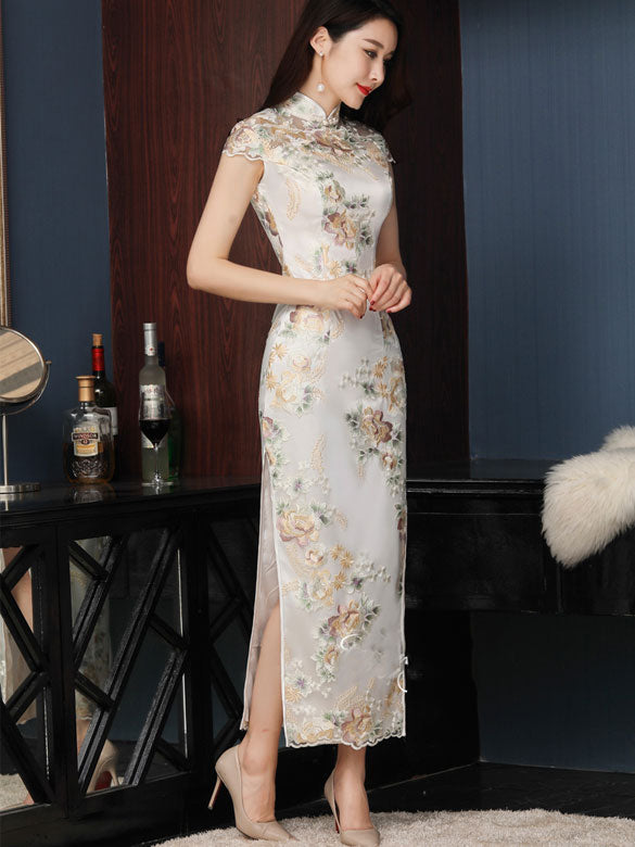Embroidered Maxi Qipao / Cheongsam Evening Dress